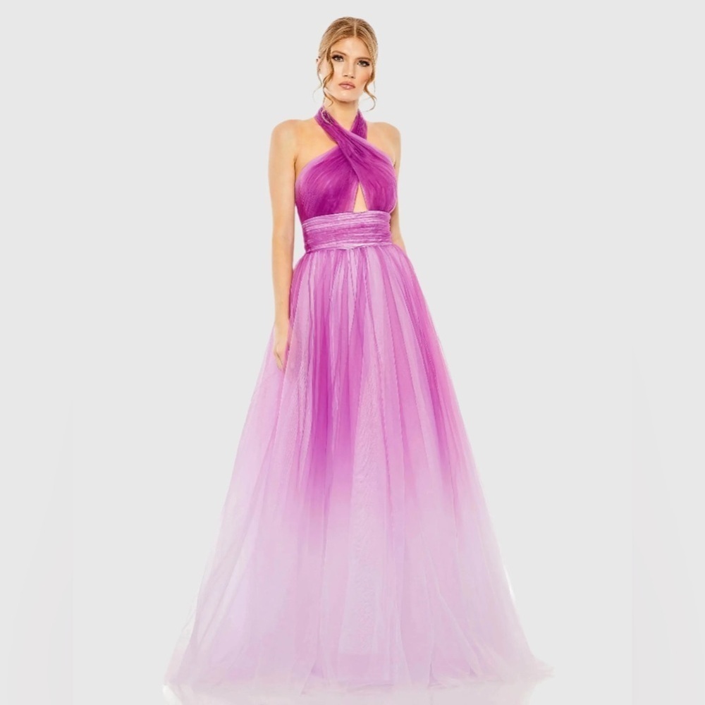 Mac Duggal 20554 NWT Purple Cross Front Ombre Gown